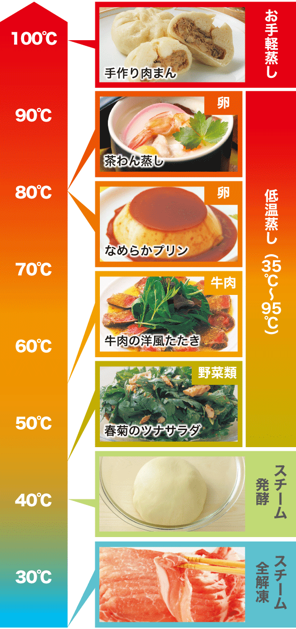 スチーム全解凍 スチーム発酵 低温蒸し（35℃～95℃） お手軽蒸し