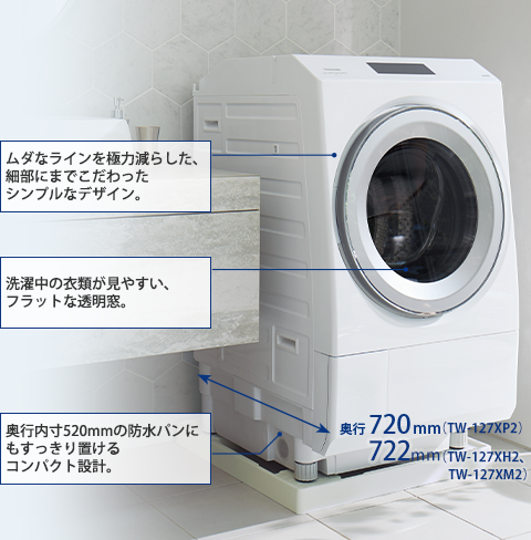 POINT ムダなラインを極力減らした、細部にまでこだわったシンプルなデザイン。 洗濯中の衣類が見やすい、フラットな透明窓。 奥行内寸520mmの防水パンにもすっきり置けるコンパクト設計。