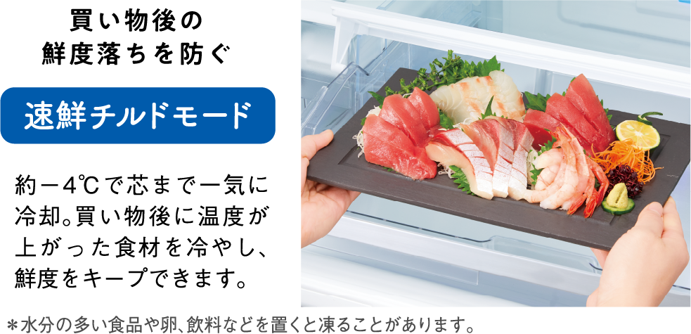買い物後の鮮度落ちを防ぐ速鮮チルドモード 約-4℃で芯まで一気に冷却。買い物後に温度が上がった食材を冷やし、鮮度をキープできます。 *水分の多い食品や卵、飲料などを置くと凍ることがあります。