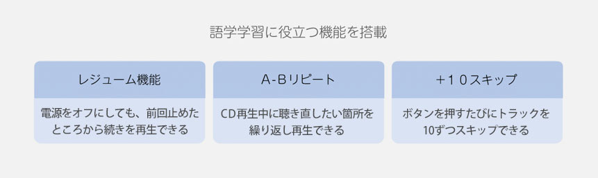 語学学習に役立つ機能を搭載　レジューム機能:電源をオフにしても、前回止めたところから続きを再生できる　A-Bリピート:CD再生中に聴き直したい箇所を繰り返し再生できる　+10スキップ:ボタンを押すたびにトラックを10ずつスキップできる