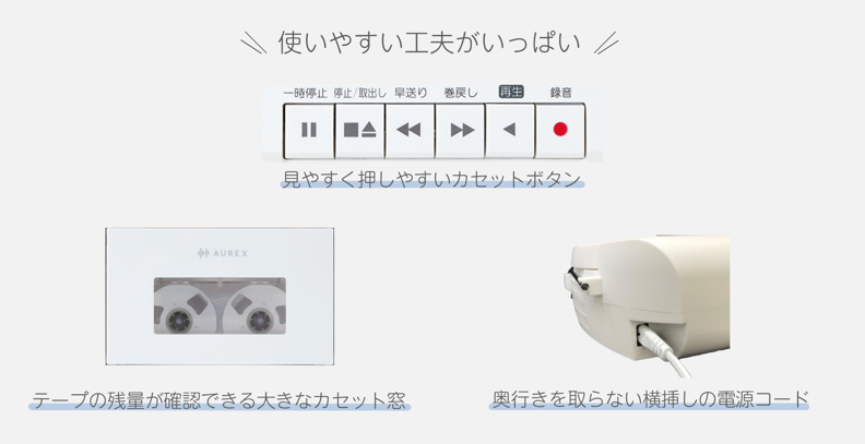 使いやすい工夫がいっぱい　見やすく押しやすいカセットボタン　テープの残量が確認できる大きなカセット窓　奥行きを取らない横挿しの電源コード