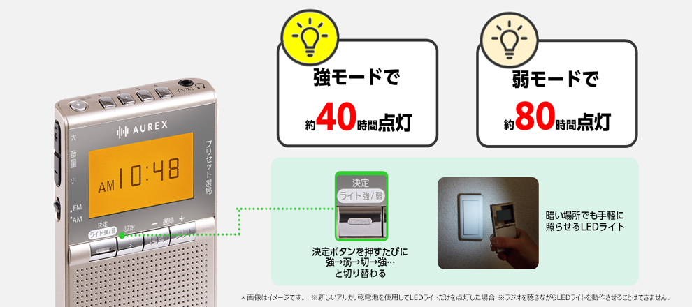 強モードで約40時間点灯。弱モードで約80時間点灯。決定ボタンを押すたびに強→弱→切→強…と切り替わる。暗い場所でも手軽に照らせるLEDライト。