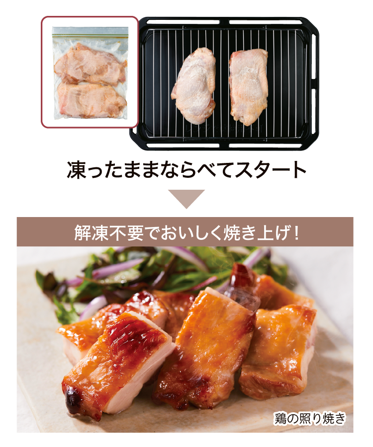 鶏の照り焼きの画像。凍ったままならべてスタート　解凍不要でおいしく焼き上げ！