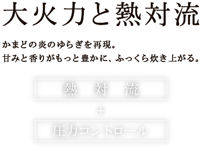 大火力と熱対流　かまどの炎のゆらぎを再現。甘みと香りがもっと豊かに、ふっくら炊き上がる。